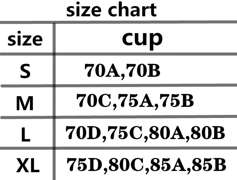 Size chart for cups with size labels and corresponding cup sizes.