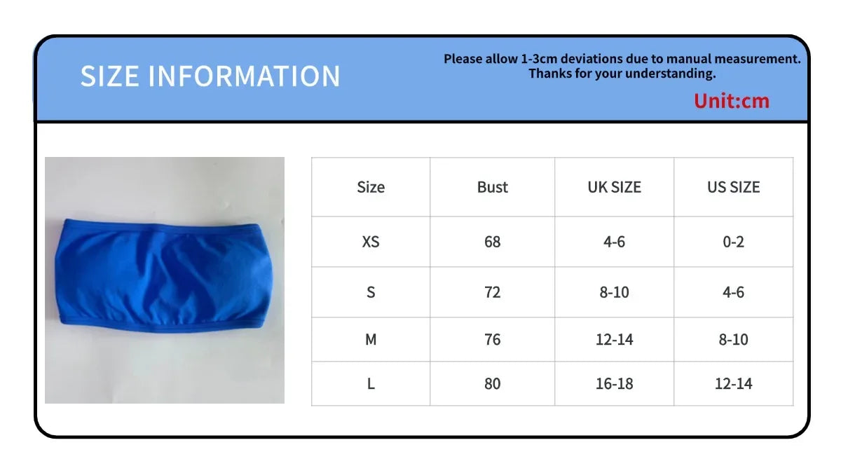 Size chart for a blue strapless top with measurement details.