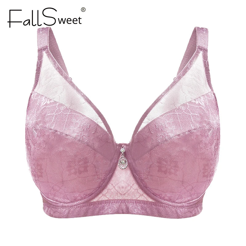 A pink lace and mesh underwire bra by FallSweet, featuring a central rhinestone clasp and adjustable shoulder straps, shown against a plain white background.