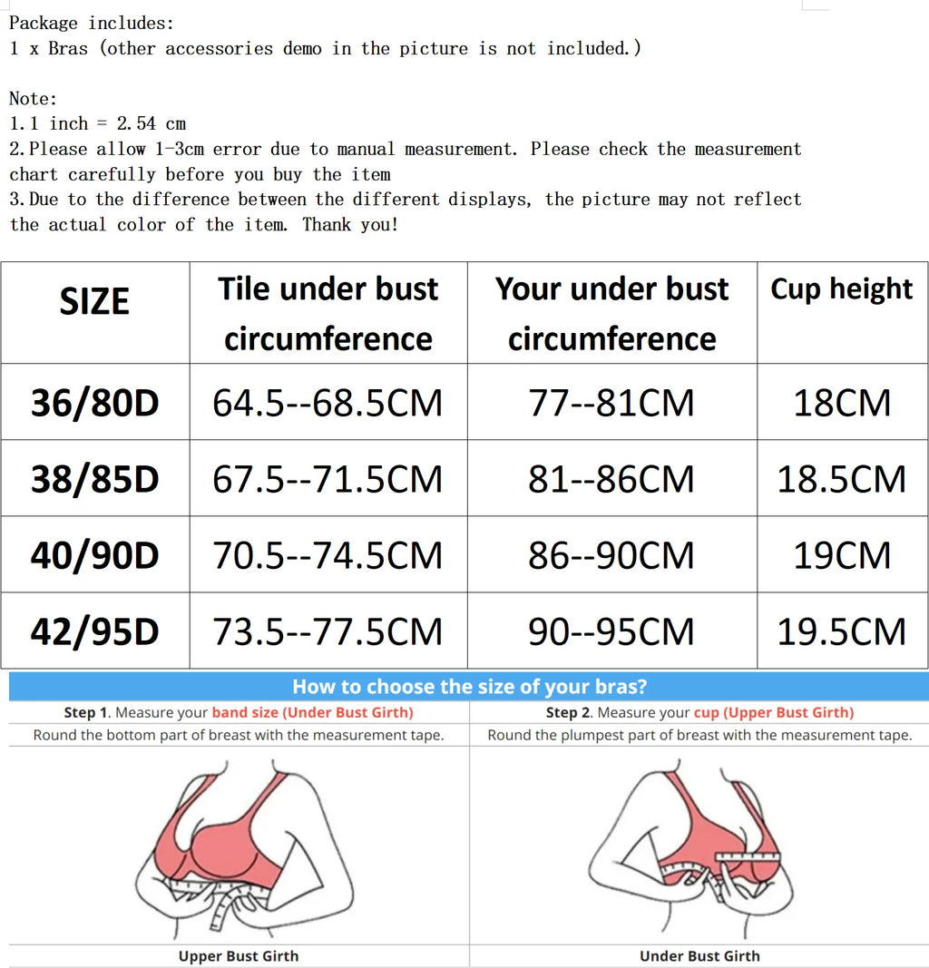 Bras size chart with measurements and illustrations for underbust and cup height.