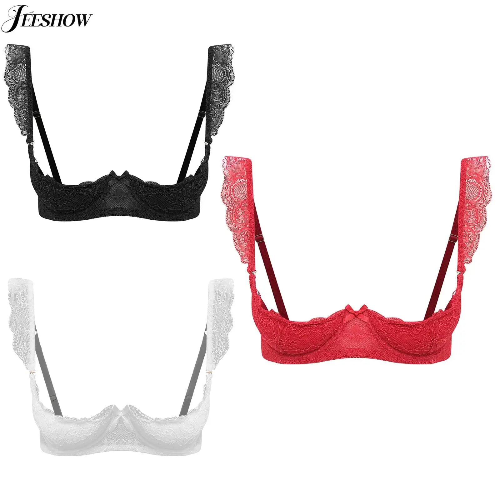 Womens Floral Lace 1/4 Cup Bra Removable 2cm Thick Pads Underwired Balconette Bra  Ruffled Spaghetti Straps Brassiere Lingerie