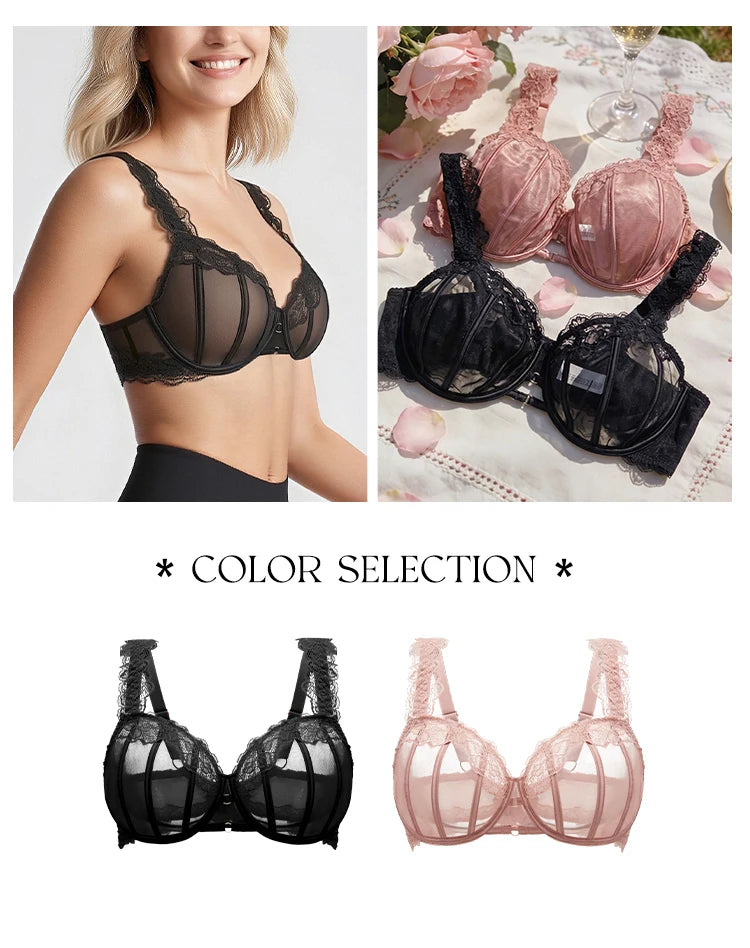 2026 Ultra Thin Mesh Bras Women  Underwire Full Cup Size Lace Bra  Unlined Minimizer  Plus-size Bra Women's Intimates