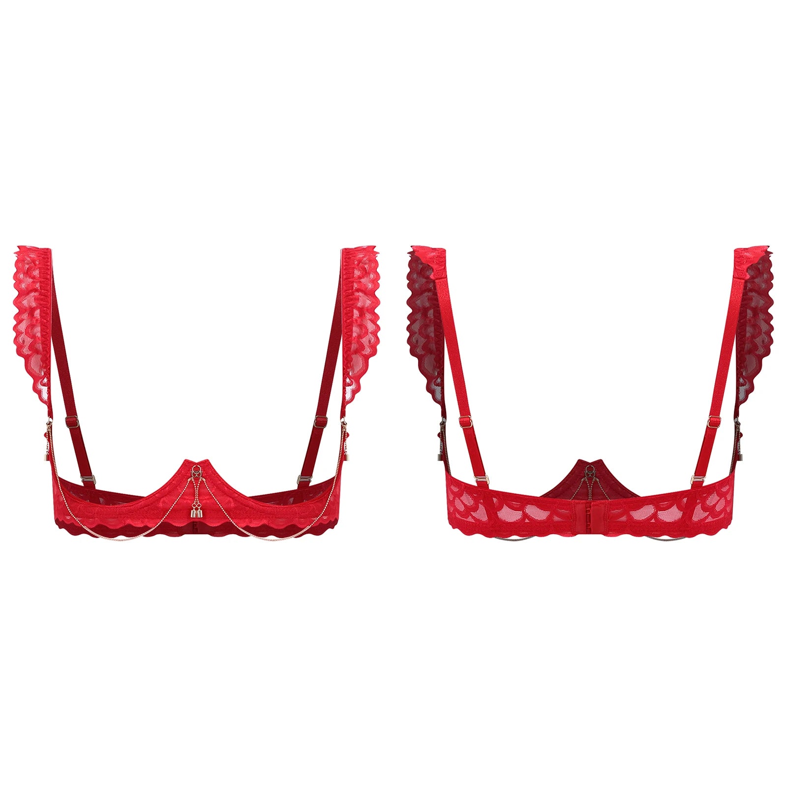 Womens Floral Lace Cupless Shelf Bra See Through Open Cup Underwired Push Up Balconette Bra with Metal Chain Unlined Brassiere