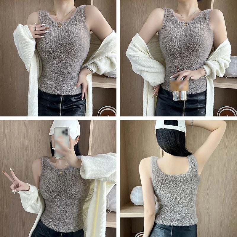 Plush Fleece Thermal Camisole – Built-In Bra Pad Warm Wool Tank Top