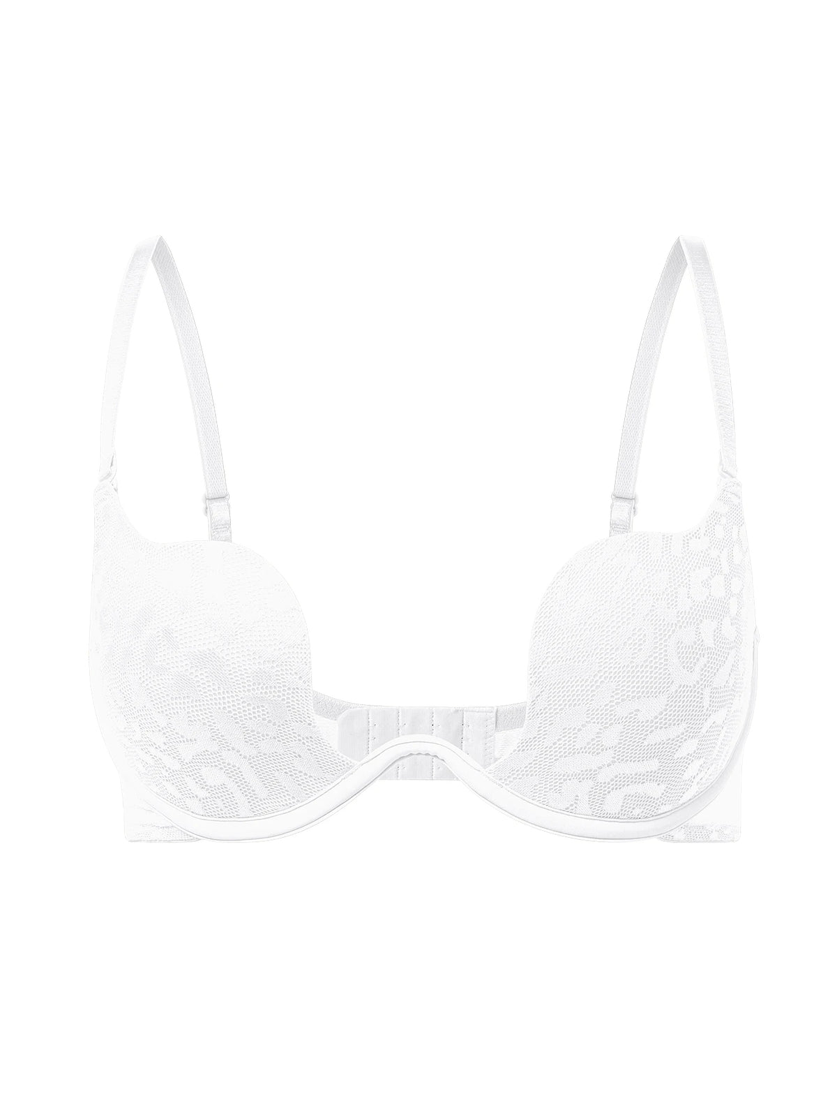 White seamless underwire bra with textured lace cups and adjustable shoulder straps, shown against a plain white background.