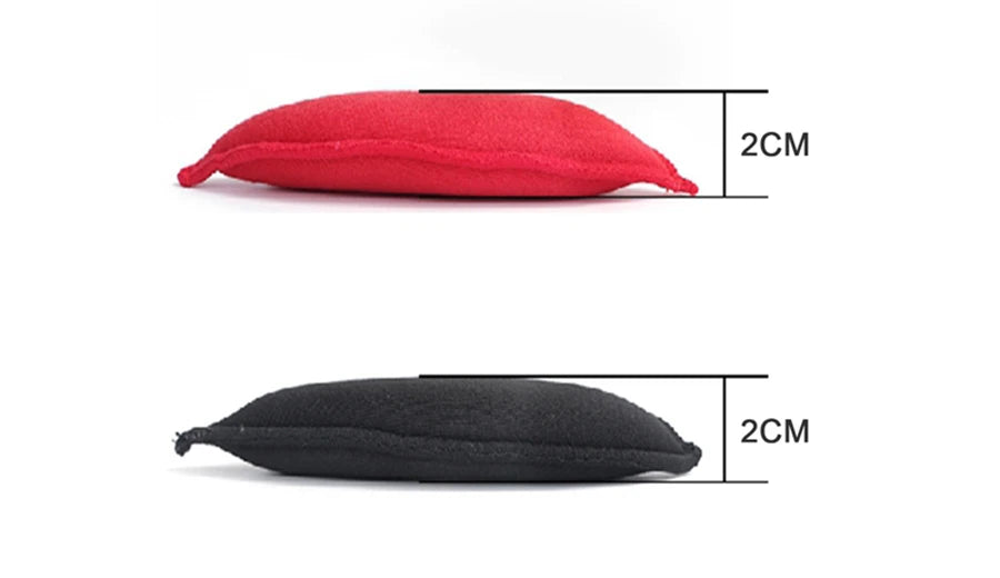 Red and black rectangular cushions with measurements on a white background