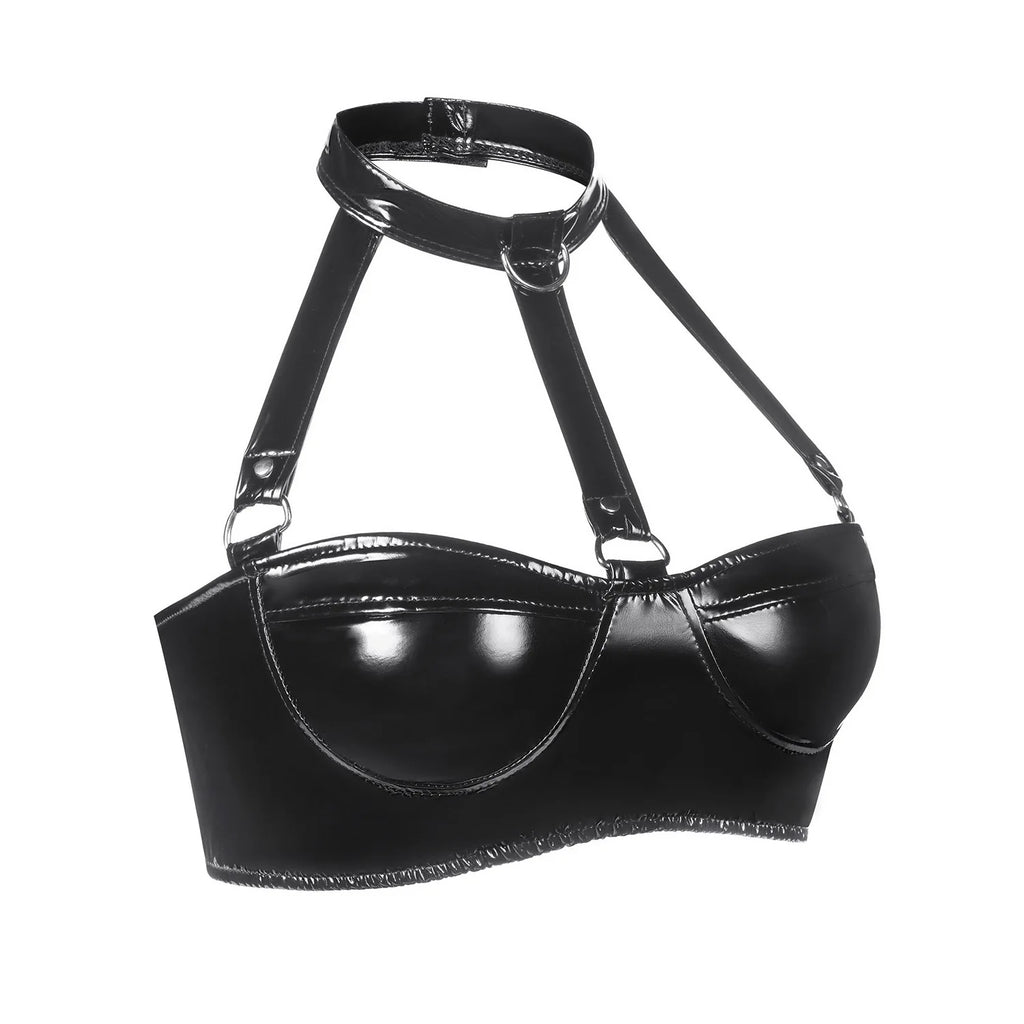 Black patent leather harness on a white background