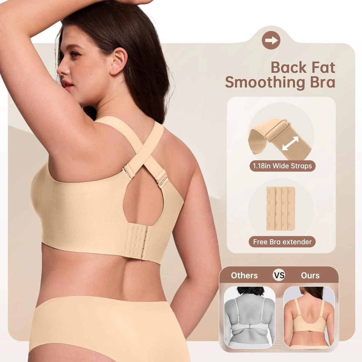 Woman wearing a beige back fat smoothing bra with product features displayed.