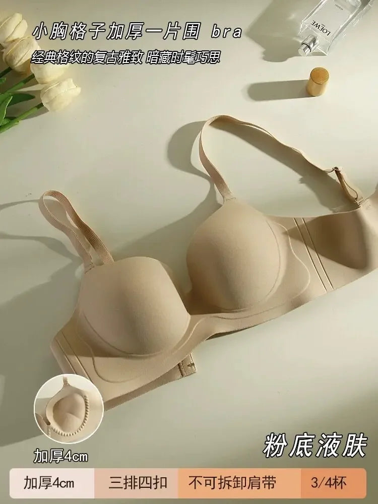 Sexy Seamless Push-Up Bra for Women Wireless with Soft Support Lift & Anti-Sagging Side Support for Armpit Fat Plaid Pattern
