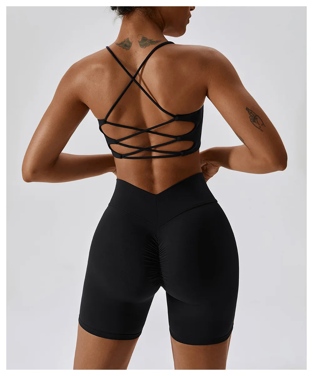 U-Shape Cross Back Sports Bra – Multi-Strap Padded Gym & Yoga Top