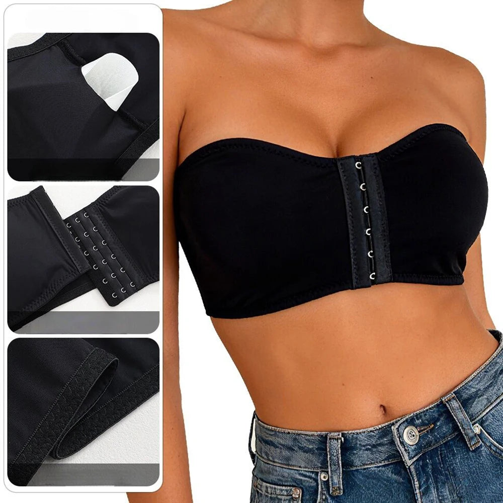 Plus Size Front Fastening Bandeau Bra – Strapless Wire-Free Padded Push-Up S–2XL