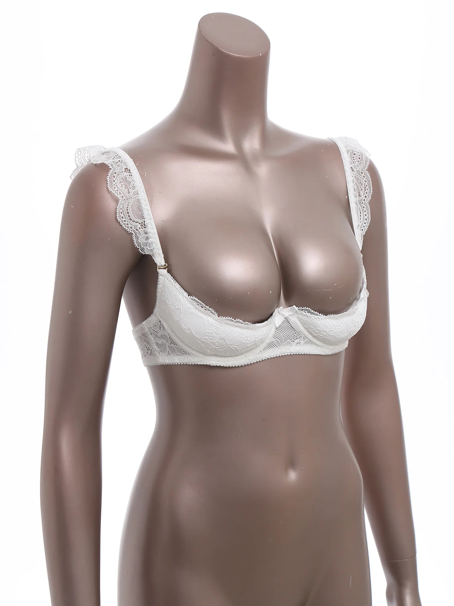 Womens Floral Lace 1/4 Cup Bra Removable 2cm Thick Pads Underwired Balconette Bra  Ruffled Spaghetti Straps Brassiere Lingerie