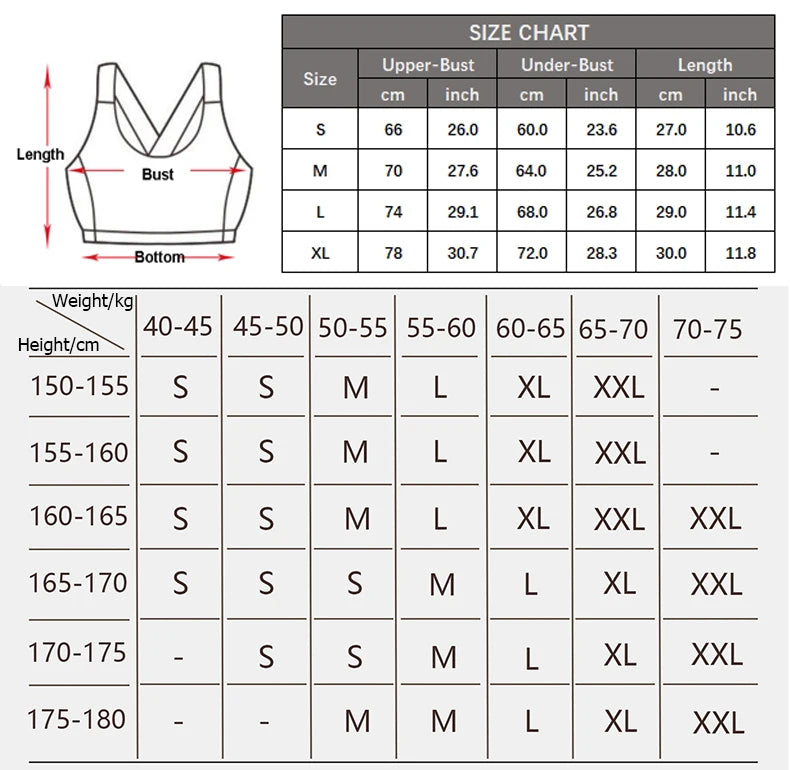 Size chart for a sports bra with measurements in centimeters and inches.