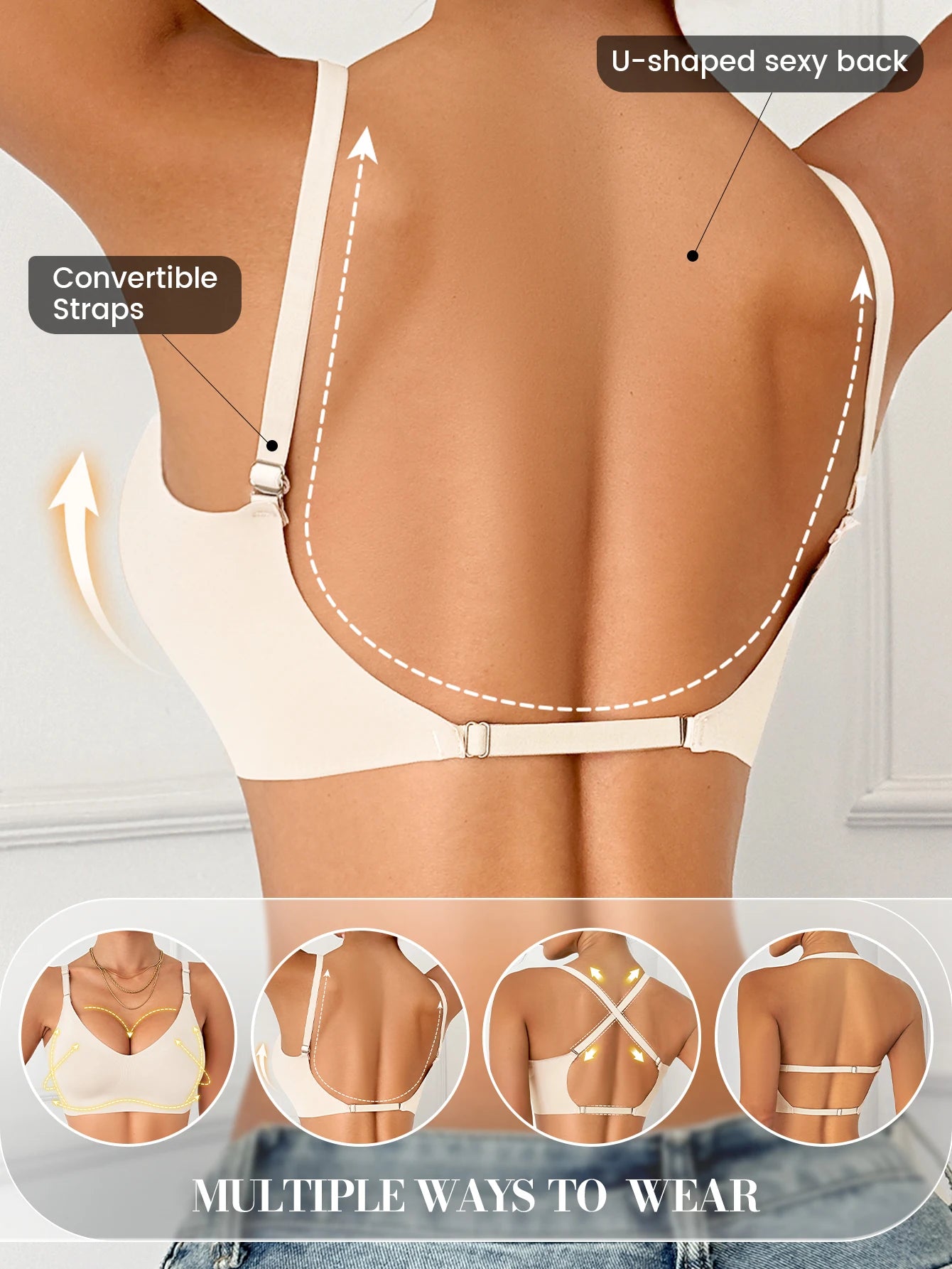 Seamless Deep U Plunge Bra – Wire-Free Backless (5 Colours)