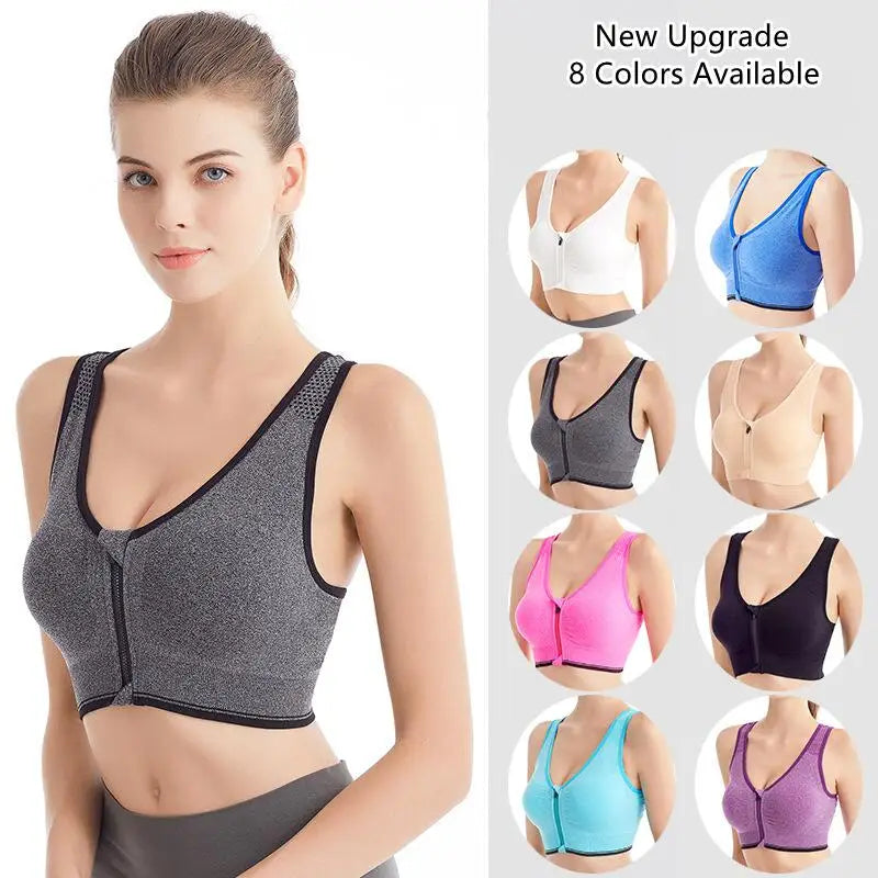 Women's Front Zipper Sports Bra Seamless Shockproof Breathable Fitness Brassiere No Underwire Running Bralette