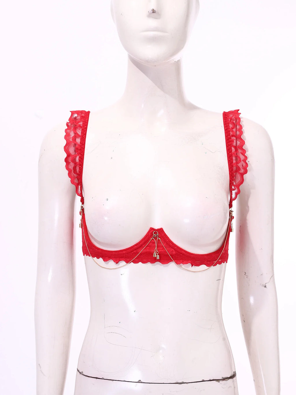 Womens Floral Lace Cupless Shelf Bra See Through Open Cup Underwired Push Up Balconette Bra with Metal Chain Unlined Brassiere