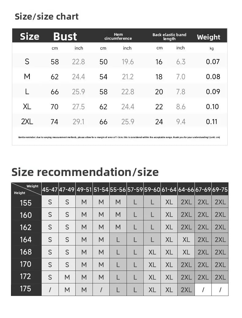 Size chart and size recommendation table for clothing, showing sizes S through 2XL with bust measurements in centimeters and inches, plus weight columns and a height-to-size guide.