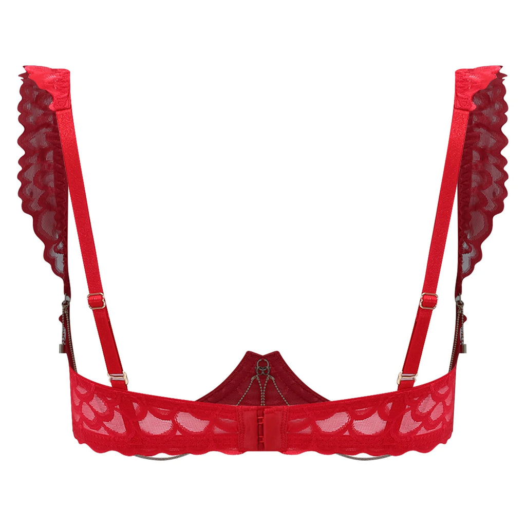 Womens Floral Lace Cupless Shelf Bra See Through Open Cup Underwired Push Up Balconette Bra with Metal Chain Unlined Brassiere