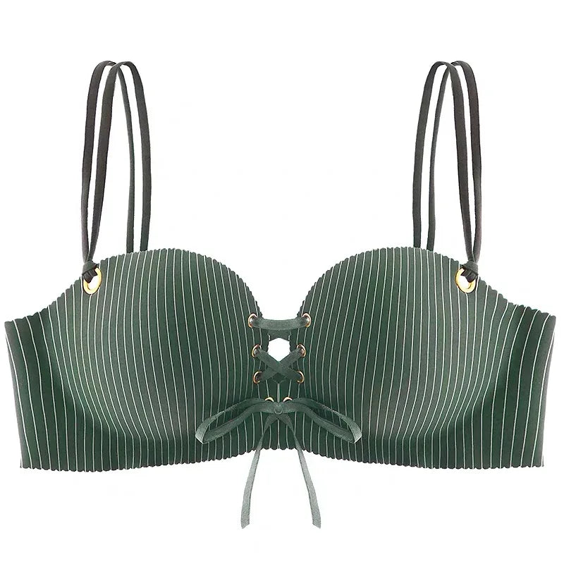 A green pinstriped bra with thin black shoulder straps, gold-tone metal grommets, and a lace-up front detail with a bow, shown against a plain white background.