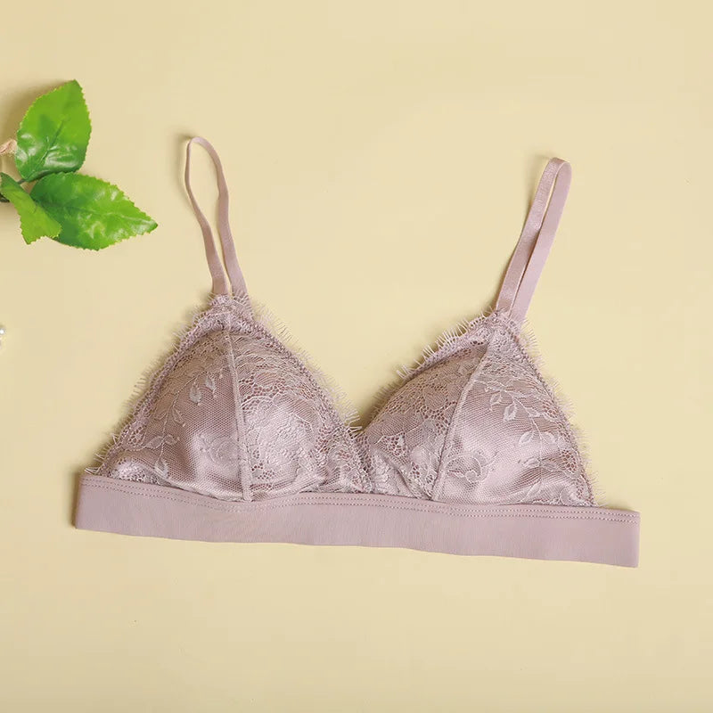 Women's Fashion Tassel Lace Triangle Bralette Wireless 3/4 Cup Mulberry Silk Soft Stretchy Lingerie Underwear