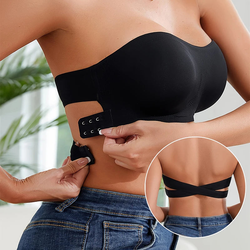 Ice Silk Traceless Strapless Bra – Wire-Free Removable Pad Cross Side Buckle