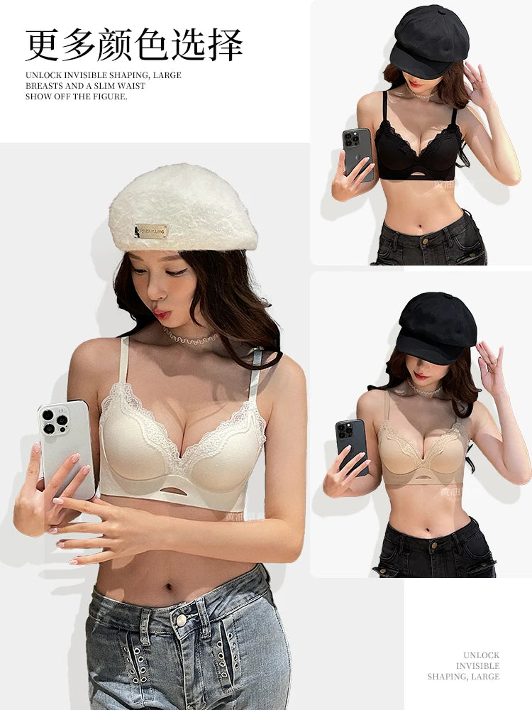 Elegant Matte Lace Bralette AB Cup, Wireless Push Up Bra Small Chest, Gathers Anti Sagging, Seamless Soft Cup T-Shirt Bra 32-38