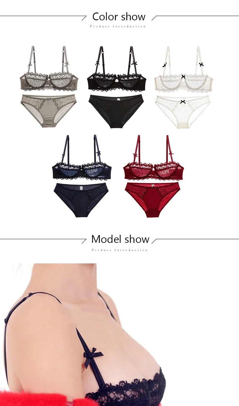 KUCLUT Plus Size Sexy Half Cup Lace Bra Sheer Mesh Unlined Bralette for Women A D Cup, Invisible Push Up Underwire Lingerie Set