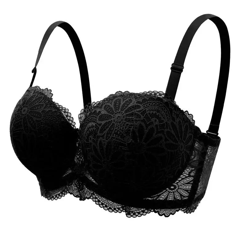 Black lace underwire bra with adjustable shoulder straps and a sheer side panel, shown on a plain white background.