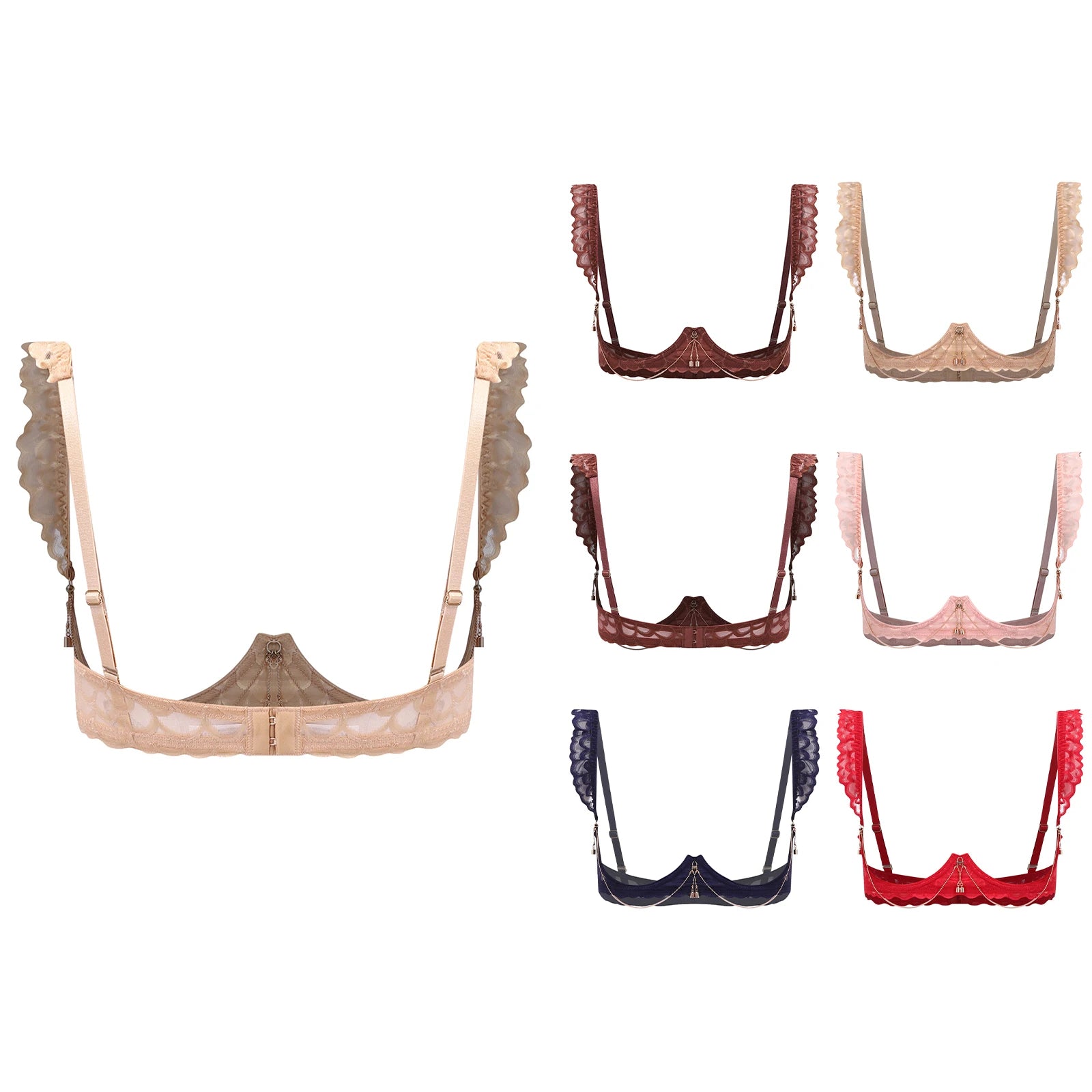 Womens Floral Lace Cupless Shelf Bra See Through Open Cup Underwired Push Up Balconette Bra with Metal Chain Unlined Brassiere