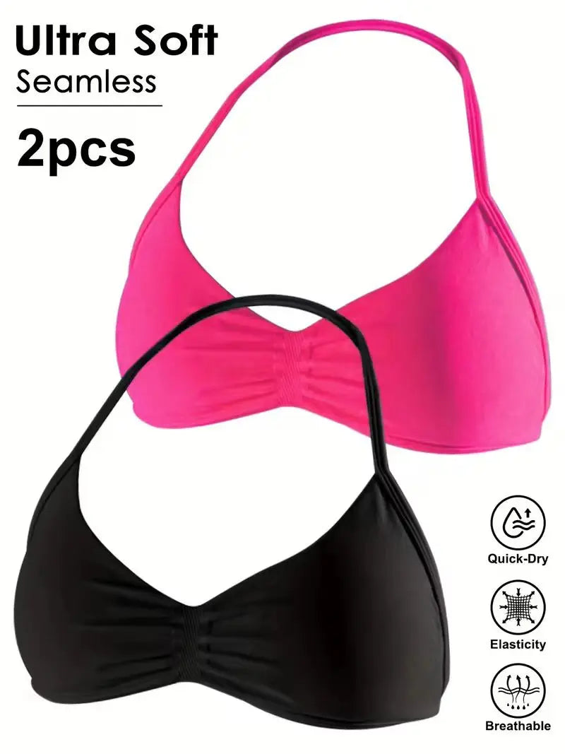 Two triangle bikini cups on a white background, one bright pink and one black, with text reading 'Ultra Soft Seamless 2pcs' and small feature icons for quick-dry, elasticity, and breathability.