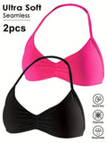Two triangle bikini cups on a white background, one bright pink and one black, with text reading 'Ultra Soft Seamless 2pcs' and small feature icons for quick-dry, elasticity, and breathability.