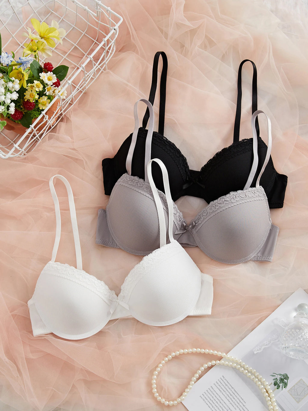 3PCS Women's Underwear Set Lace Trim Ribbed Push Up Bra Bow Comfortable Underwire Support Women's Bra