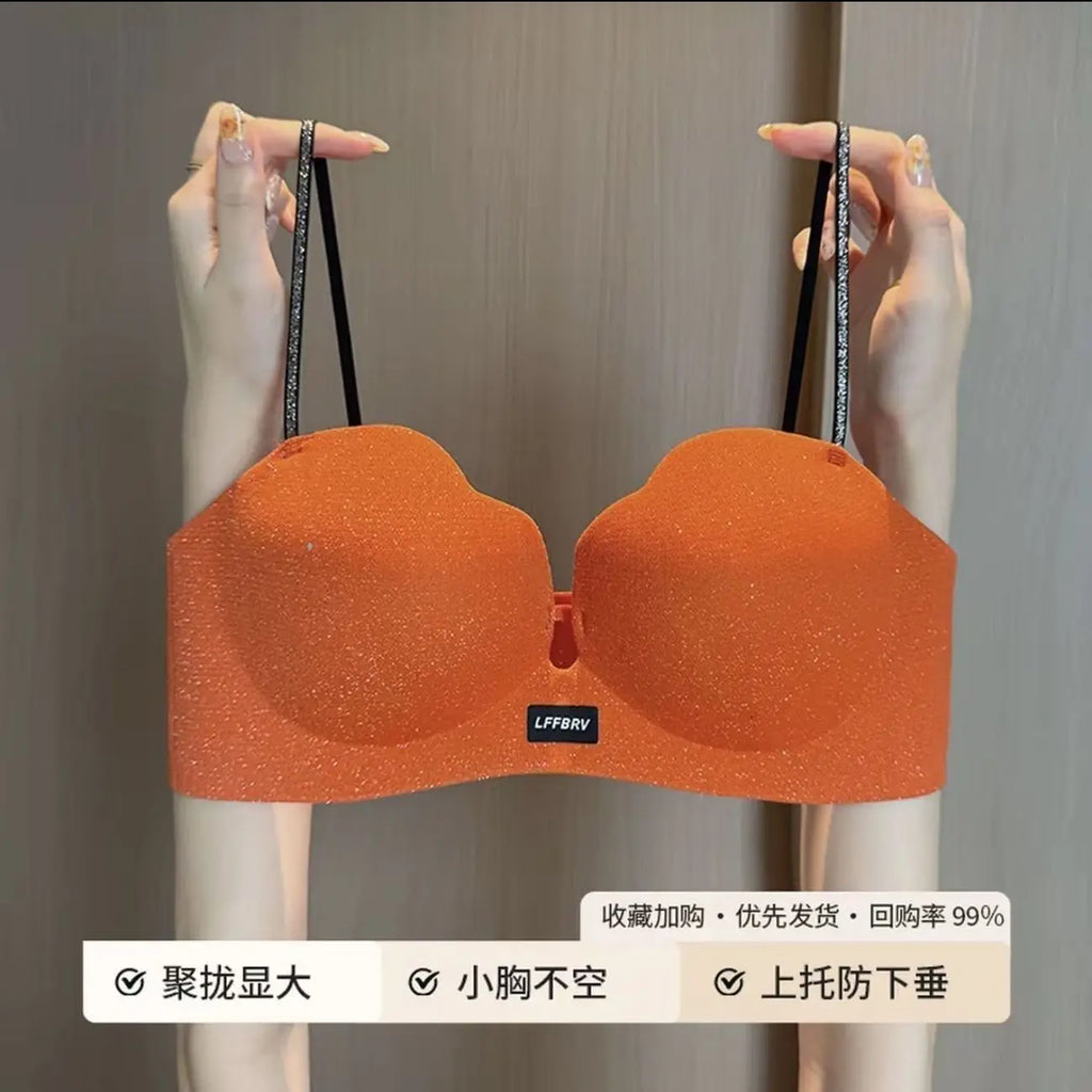 Hot Push Up Bra for Small Bust with Thin Shimmer Straps, Thick Padded Wireless Seamless Bra, Side Support Anti-Droop Lingerie