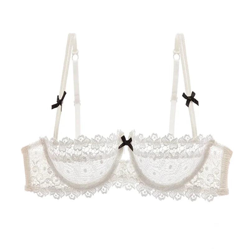 KUCLUT Plus Size Sexy Half Cup Lace Bra Sheer Mesh Unlined Bralette for Women A D Cup, Invisible Push Up Underwire Lingerie Set
