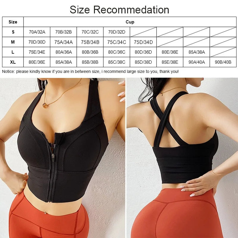 A size recommendation chart for a black sports bra, showing a size and cup guide at the top and a before/after model comparison below. The model is shown from the front and back wearing the black sports bra and orange leggings against a light gray wall.