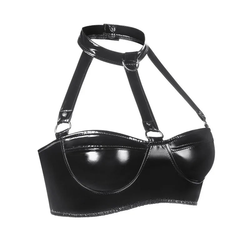 Black patent leather harness on a white background