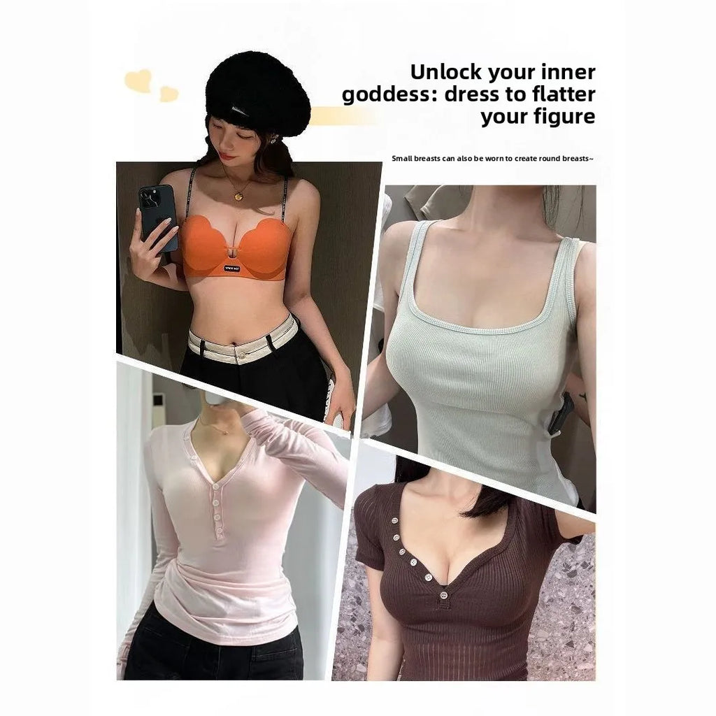 Hot Push Up Bra for Small Bust with Thin Shimmer Straps, Thick Padded Wireless Seamless Bra, Side Support Anti-Droop Lingerie