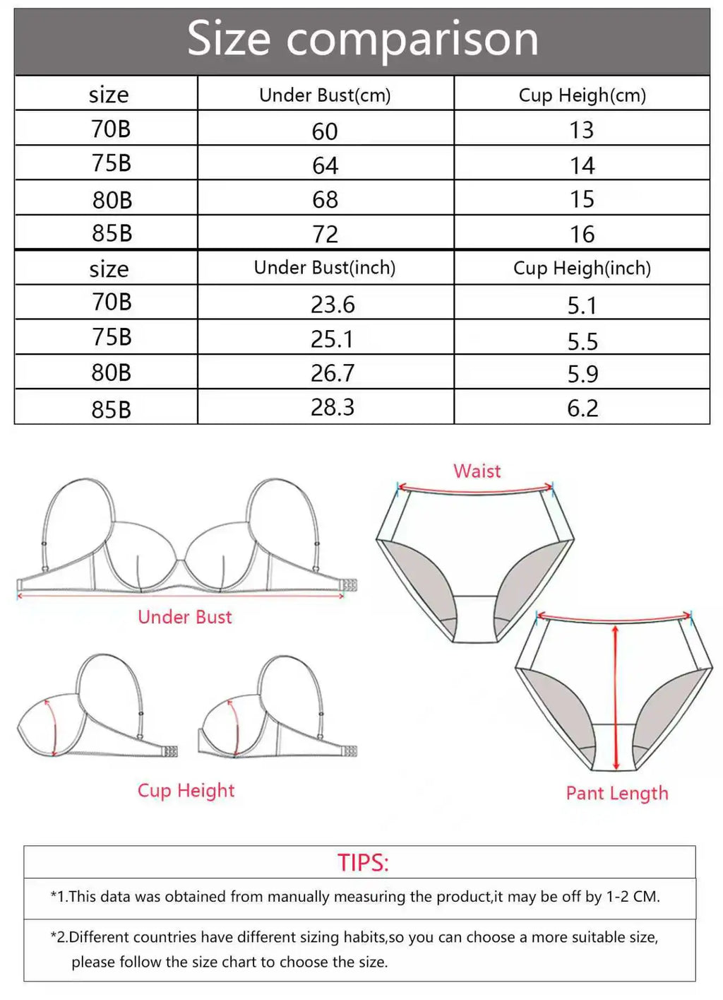A size comparison chart for women's underwear showing size tables with under bust and cup height measurements, plus line drawings of bra, panties, and waist measurements with tips below.