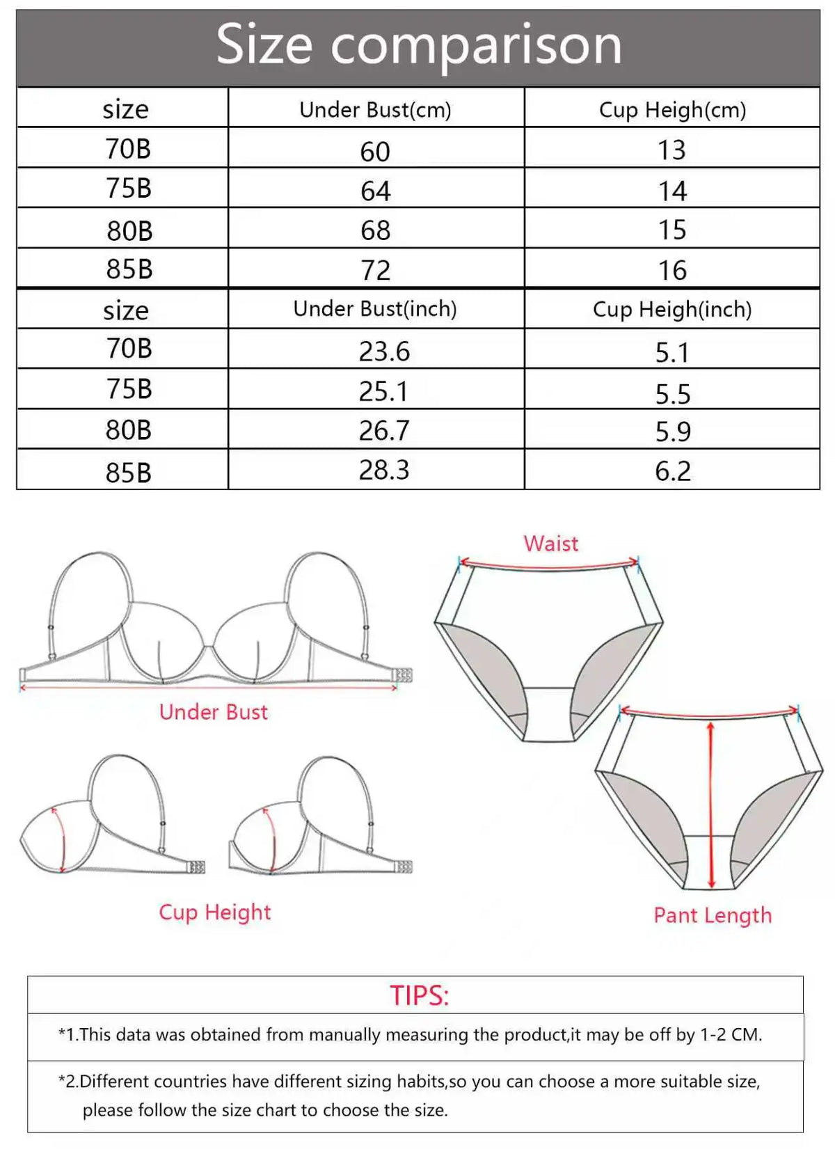 A size comparison chart for women's underwear showing size tables with under bust and cup height measurements, plus line drawings of bra, panties, and waist measurements with tips below.