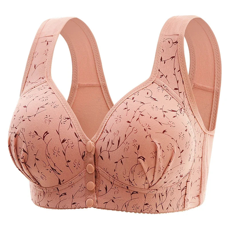 Pink floral-patterned bra on a white background