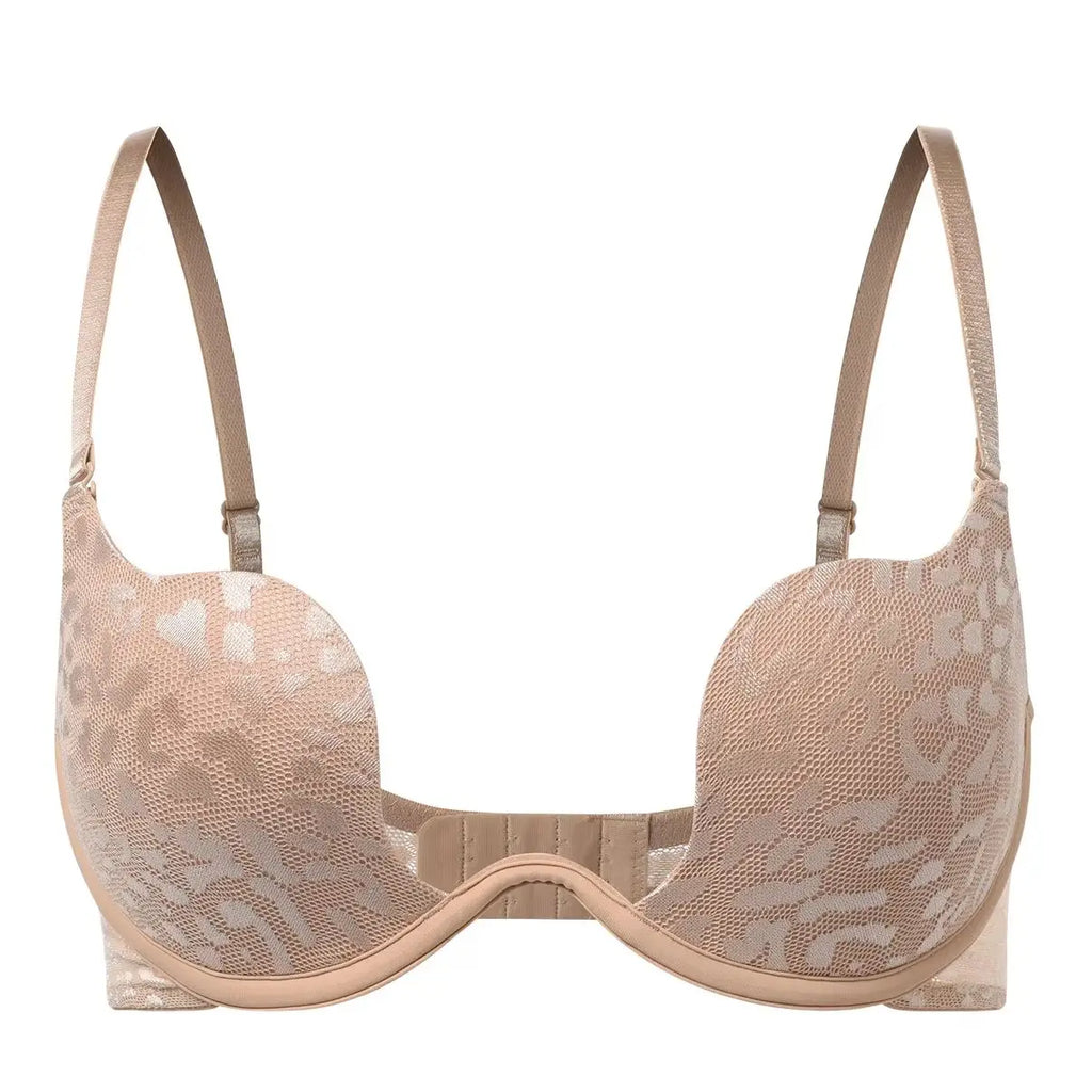 A beige and light pink patterned lace underwire bra with adjustable shoulder straps, shown against a plain white background.