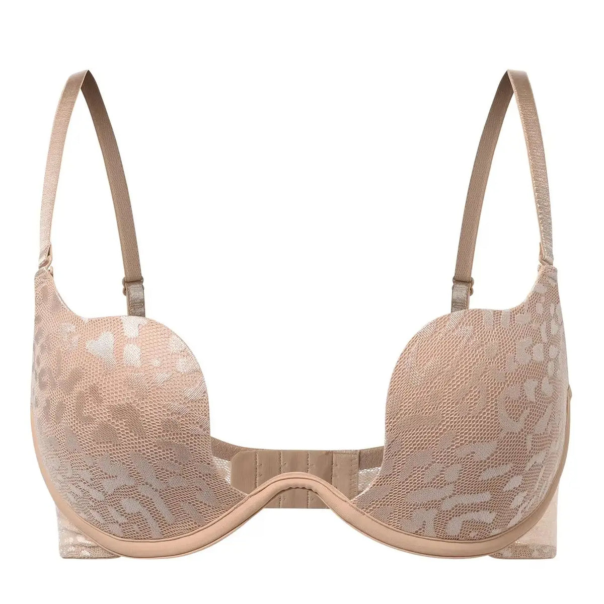 A beige and light pink patterned lace underwire bra with adjustable shoulder straps, shown against a plain white background.
