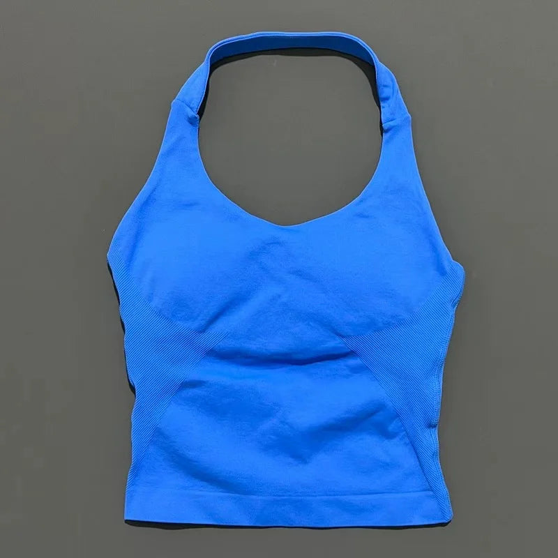 Sports Gym Halter Top Woman Seamless Yoga Tank Removable Chest Pad Push-up Sports Vest Fitness Workout Running Tops