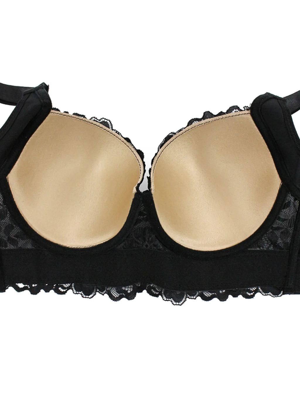 Black lace underwire bra with beige molded cups, shown from the front on a white background.