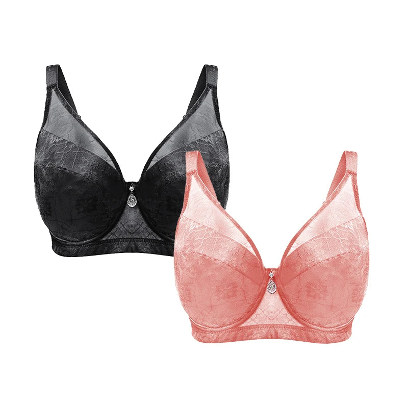 Two wireless lace bralettes shown on a plain white background: one in black and one in dusty pink. Each bra features sheer mesh cups, a lace underwire cup, and a small silver-tone center clasp.