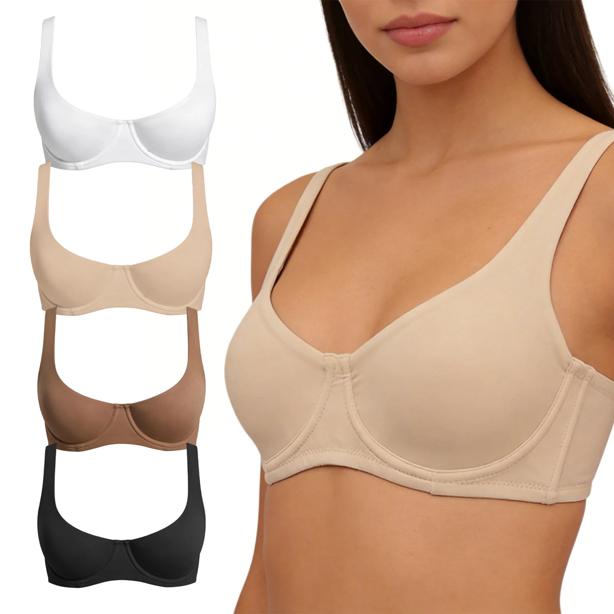 Beige bra with additional color options displayed on a white background