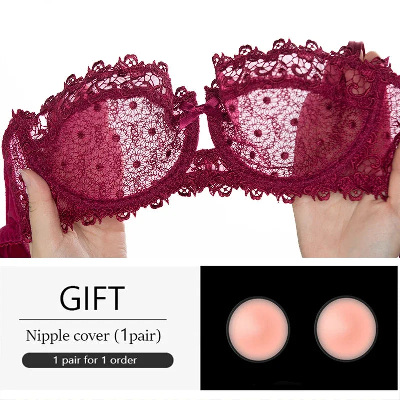 KUCLUT Plus Size Sexy Half Cup Lace Bra Sheer Mesh Unlined Bralette for Women A D Cup, Invisible Push Up Underwire Lingerie Set