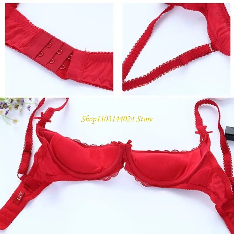 Women's Balconette Bra with Push Up Effect 1/4 Cup Lace Bra Underwired Low Cut Bra Bows Shelf Bra Bralette Lingerie