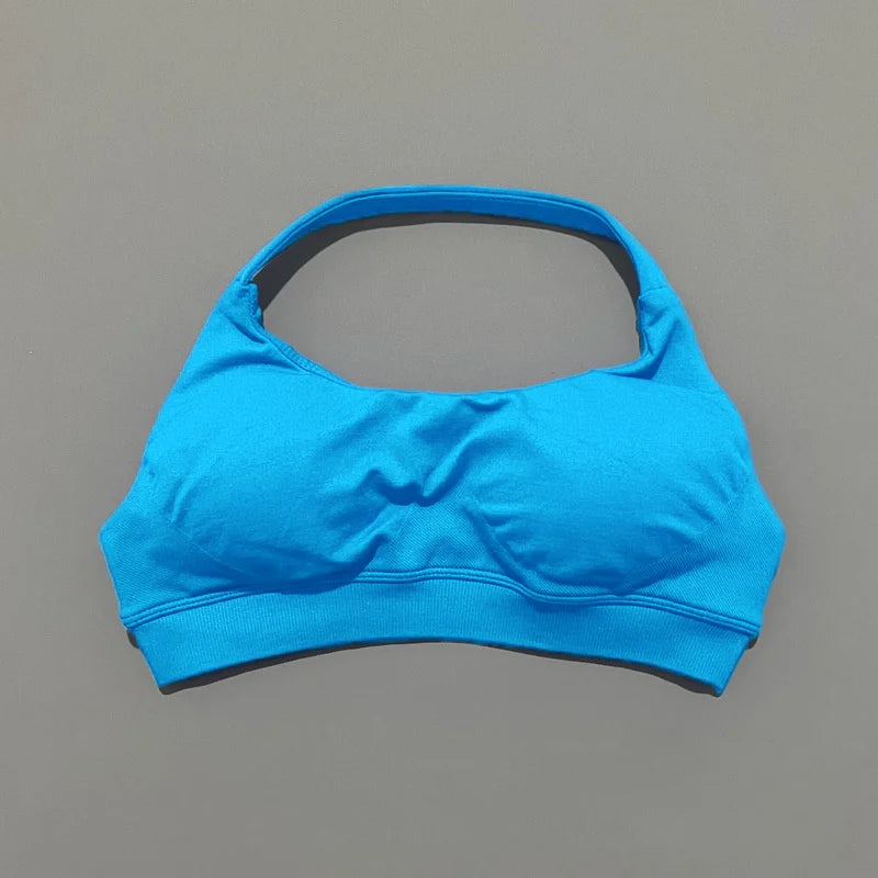 HISTELLO Seamless Halter Sports Bra – Open Back Gym & Yoga Top