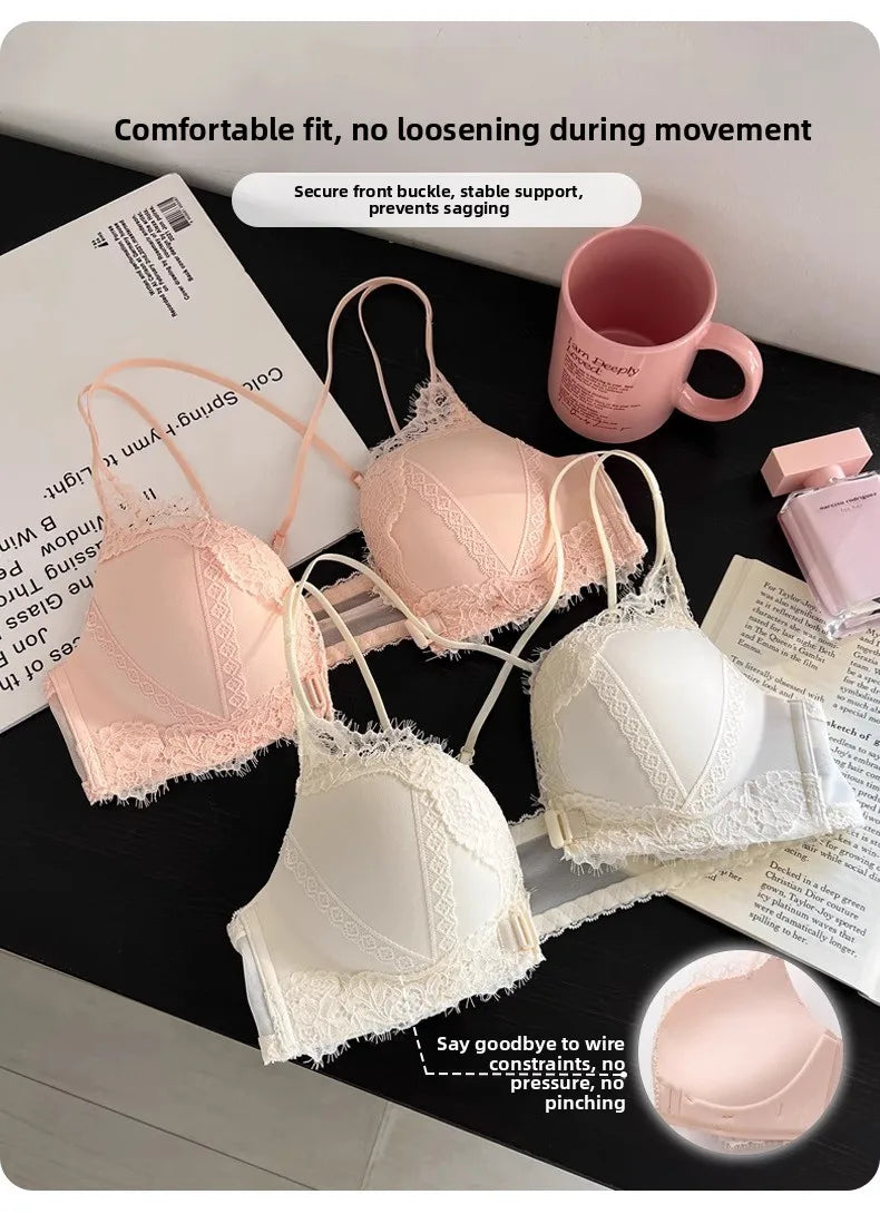 Wireless Lace Bra Set Women's Comfortable Sexy Back Design Gathered Front Clasp Underwear Nylon Material Suitable for Small B...